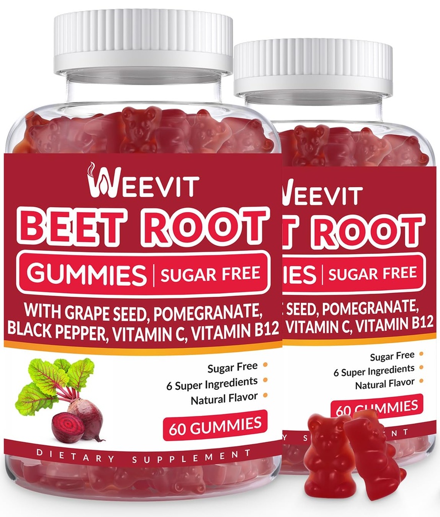 Beet Root Gummies, Nitric Oxide Supplement for Men Women | Organic Beet Gummy med Grape Seed, Pomegranate, Black Pepper, Vitamin C, B12