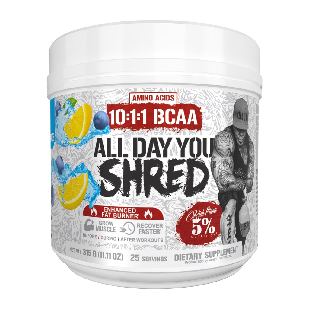 5% Nutrition Rich Piana AllDayYou Shred BCAA Powder | Amino Acid Supplement för viktminskning | Elite Fat Burning Pre Workout for Energy, Hydration, Endurance & Recovery (Blueberry Lemonade)