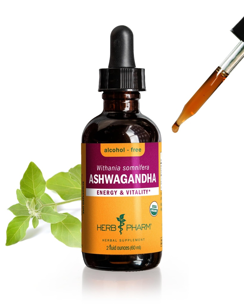 Herb Pharm Certified Organic Ashwagandha Extract Drops för traditionellt stöd för energi och vitalitet, alkoholfri glycerit, 2 Oz