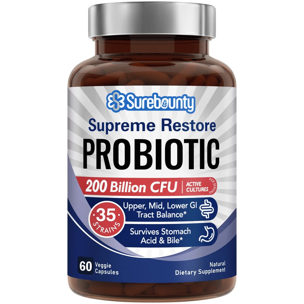 Probiotikum för män och kvinnor, 200 miljarder CFU 35 stammar, Prebiotika + Digestive Enzymes, Supreme Restore Probiotic Supplement, Upper, Mid, Lower GI Tract Balance, 60 Veggie Capsules, 1 månad