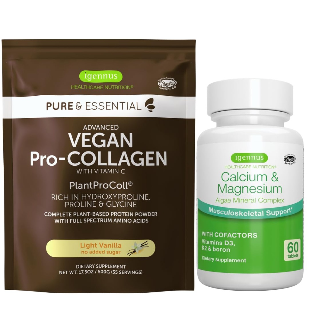 Vegan Vanilla Collagen Protein Powder + Kalsium & Magnesium Complex Bundle, kattava luutuki, Igennus