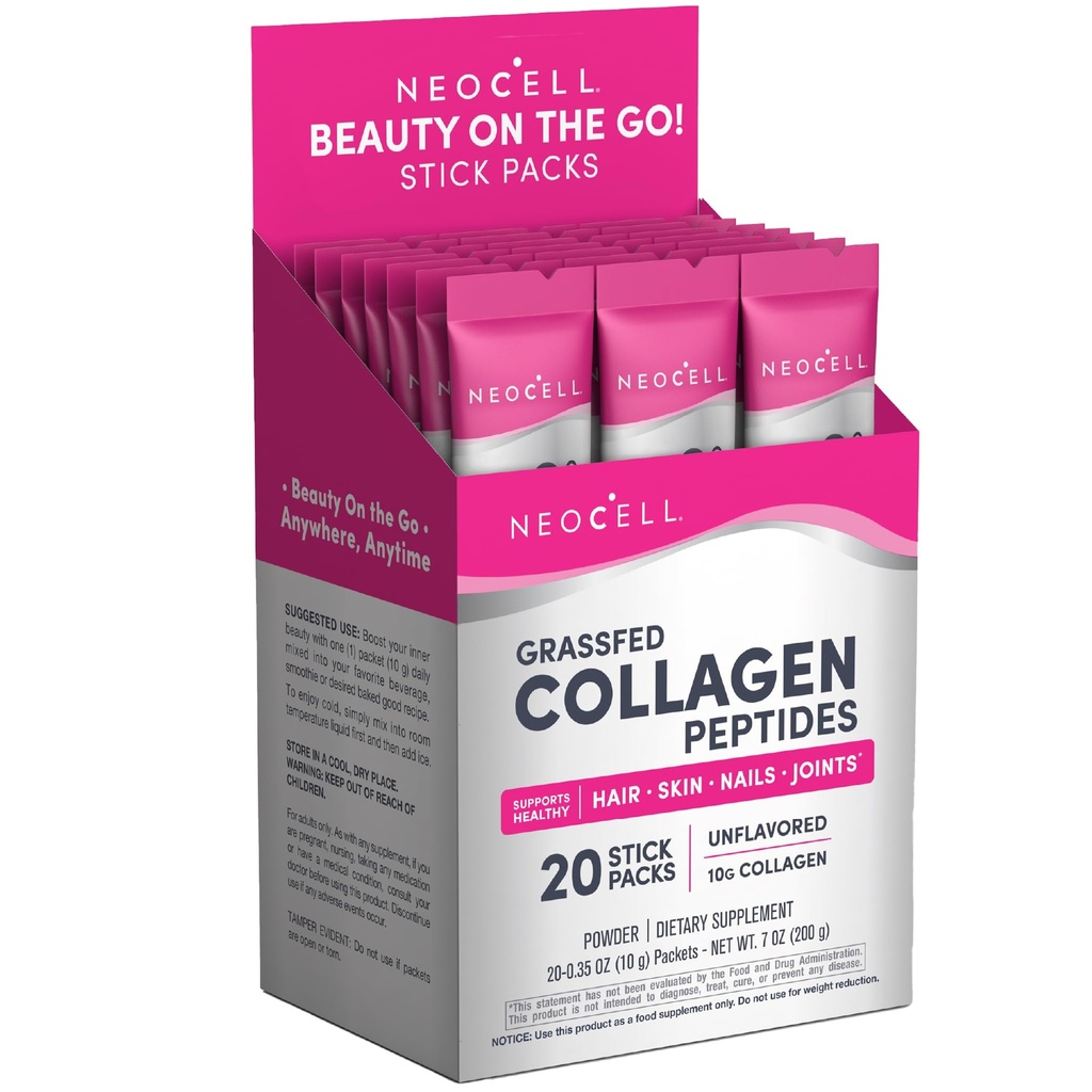 NeoCell Super Collagen Peptides, 10 g Collagen/Single-Serve Packet; Keto Certified, Gluteeniton; Terve iho, hiukset, kynnet ja niveltuki; * Mautonta jauhetta, 20 Serv, 7 Oz.