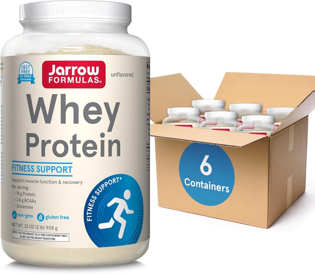 Jarow Formula Whey Protein kanssa 18g proteiinia, 3.8g BCAAs, ja Glutamiini, ruokavalio täydentää lihasten toiminta & Recovery Support, 32 oz Unmakuinen jauhe, noin 38 päivän tarjonta, 6 pakkaus
