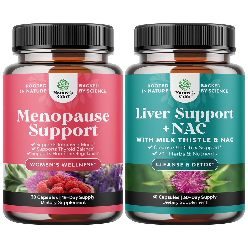 Bundle of Menopause Supplement for Hot Flashs with Dong Quai Vitex Chaste Berry & Black Cohosh and Liver Support NAC - Milk Thistle N Acetyl Cysteine with Turmeric, Choline, Voikukka & L-Glutatione