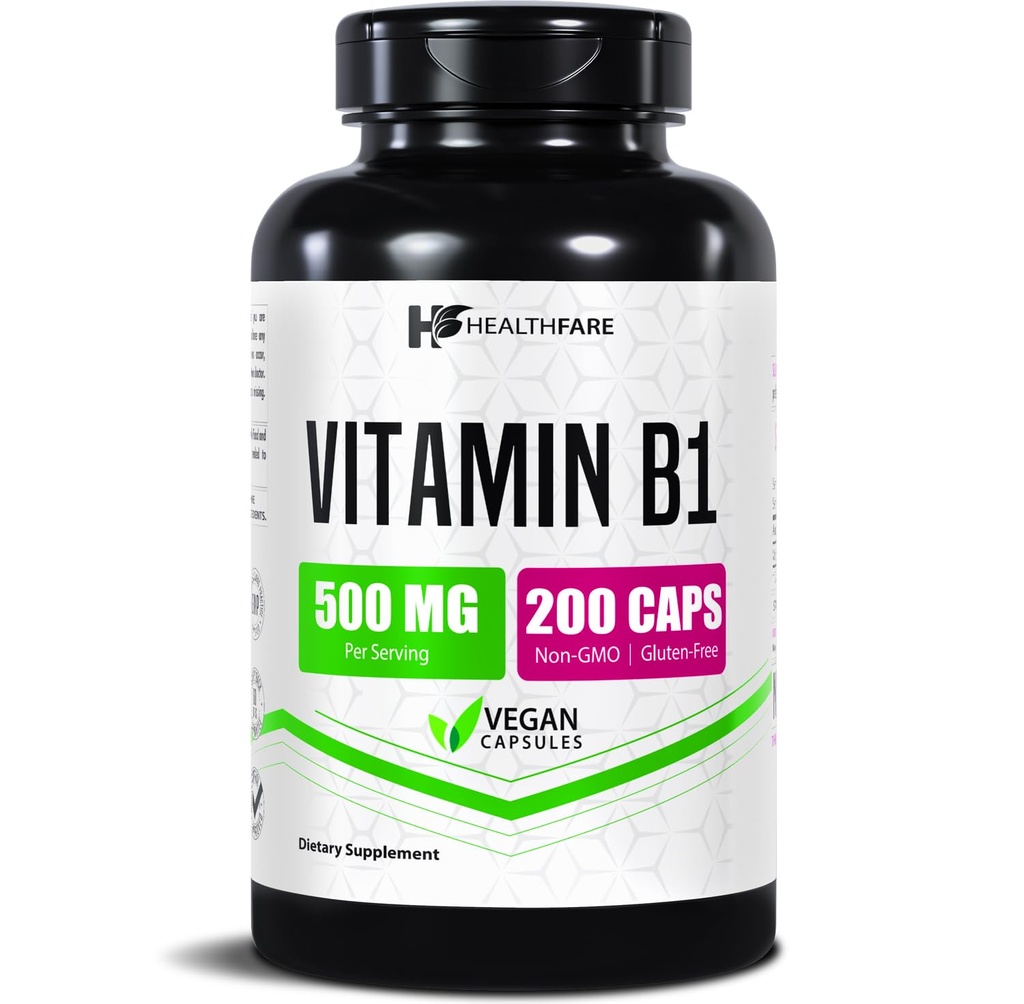 Healthfare Vitamin B1 (Thiamine) 500mg | 200 Vegan Capsules | Extra Strength High Potency Supplement | Stöder energi och nervsystem | Non-GMO, Gluten-Free | Made in USA