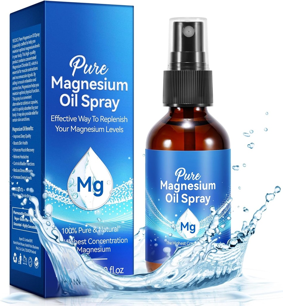Magnesium Spray, ren magnesiumolja spray för fötter, naturlig organisk ingrediens i glasflaska, lätt att absorbera och använda (60ML)