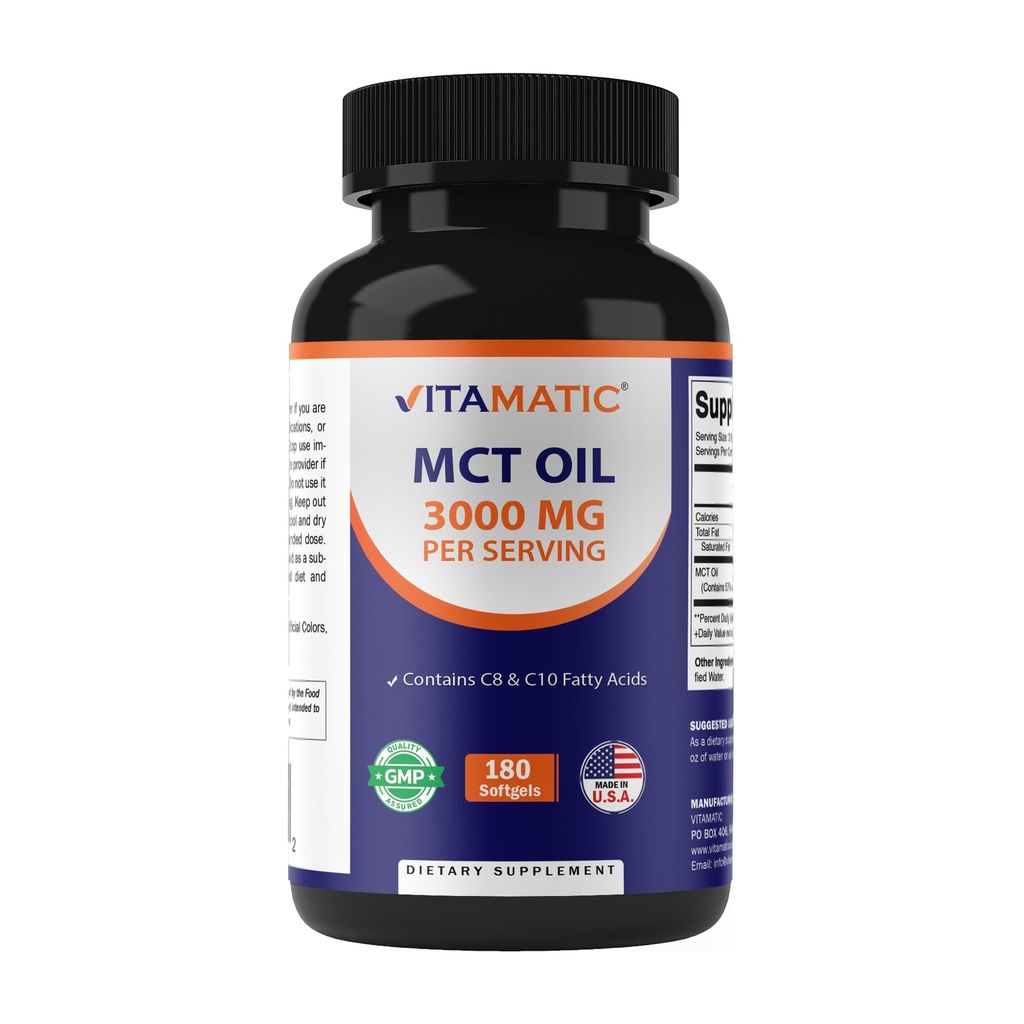 Vitamaattinen MCT Kookosöljystä saatava öljy 3000 mg/annos - 180 Softgelia - sisältää 55% kapryylihappoa C8 ja 40% kaprishappoa C10
