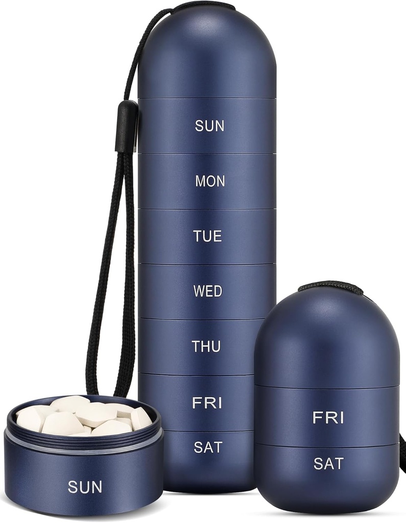 Zannaki Metal Moisture Proof Weekly Pill Organizer, Stackable Aluminum Alloy BPA Free Travel Hiking 7 Day Pill Box Case Waterproof och Large Compartment to Hold Pills, Vitamins, Fish Oil, Supplements