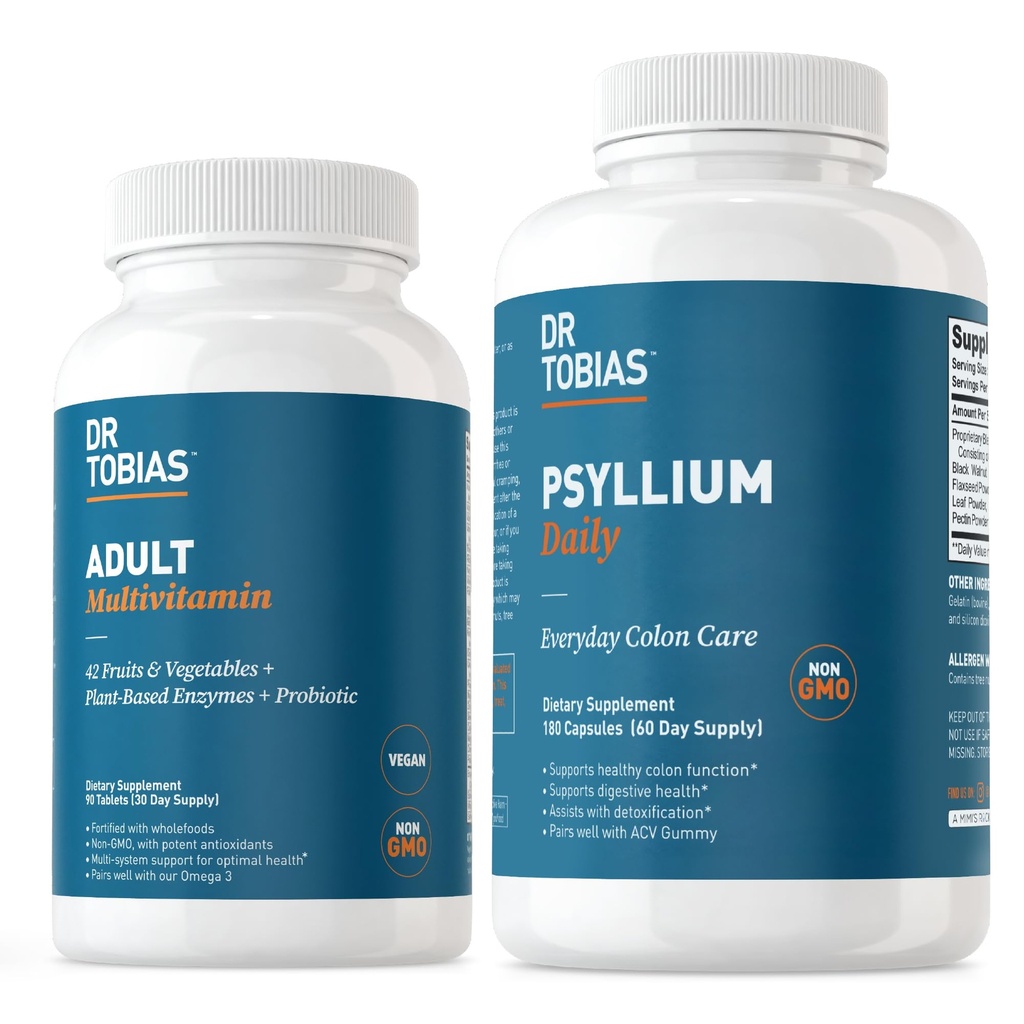 Dr. Tobias Adult Multivitamin & Psyllium Daily stöder energi, immunitet och hälsosamma tarmrörelser med 42 frukter och grönsaker, Psllium Husk, Bentonite Clay, Flaxseed & Natural Ingredients