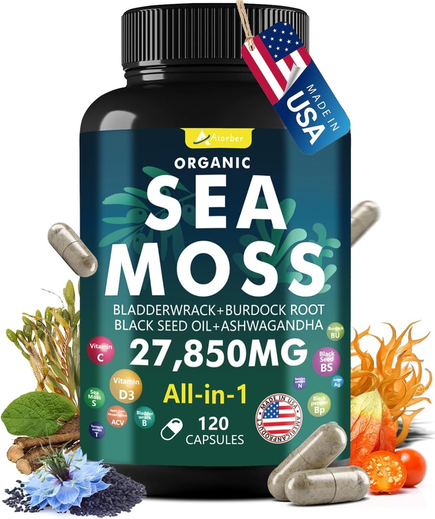 Sea Moss Capsule Complex with Sea Moss, Black Seed Oil, Aşhwagandha, Inkivääri & Vitamiinit C, D3-120 kapselit, Superfood lisäravinteet - Advanced Seamoss pillereitä, Wild Sea Moss pillereitä, Valmistettu USA