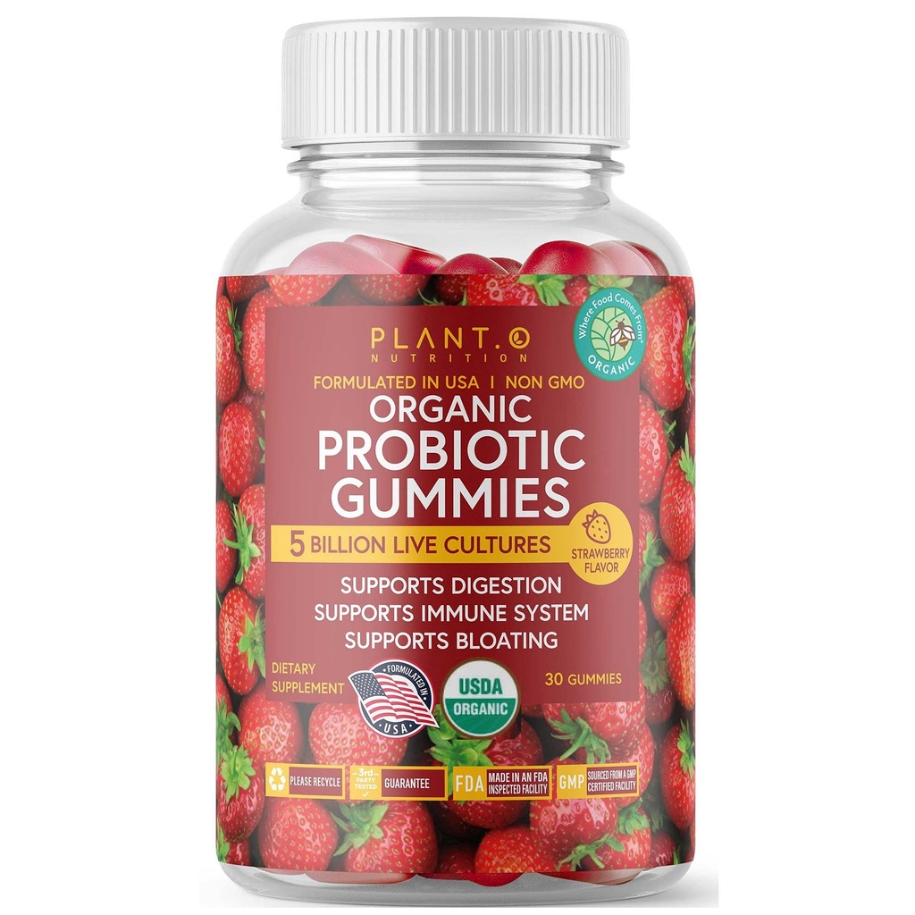 Plant.O Organiska Probiotiska Gummies för kvinnor, Män & Barn [5 miljarder CFUs USDA Certified] Hjälp Stöd Digestion, Bloating, Förstoppning & Immune System, Strawberry Flavor, 30 Chewable Probiotics