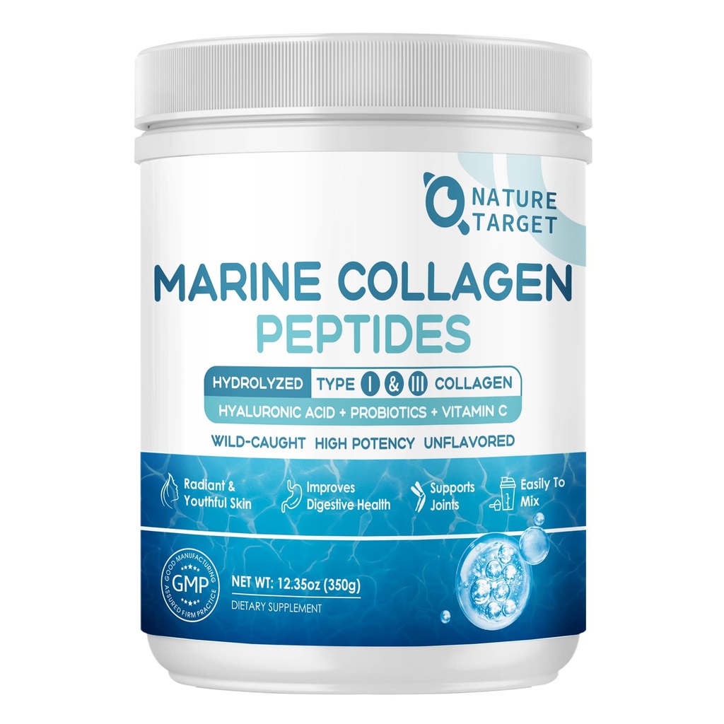NATURAL TARGET Marine Collagen Peptides Powder - tyyppi I & III Collagen with Probiootit, C-vitamiini & Hyaluronic Acid for Skin, Hair, Nails, Wild-Caught Fish & Grass-Fed Nauta, 35 Servings