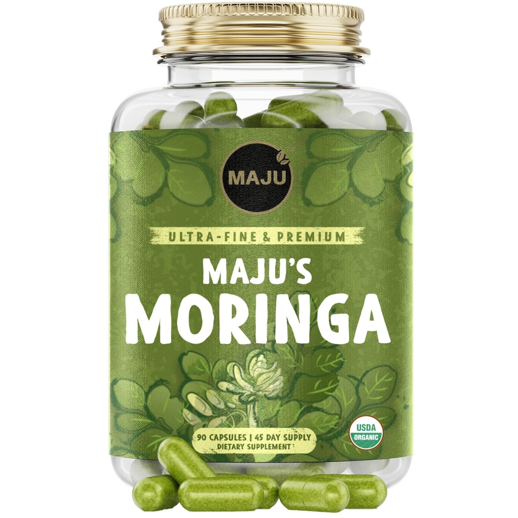 Maju Superfoods Organic Moringa Capsules, Oleifera Leaf, Extra-Fine Quality Moringa Leaves, Kuivatut rummunpalapuun lehdet, Organic Moringa Powder Extract Supplement Kapselit kasvista (90 t)