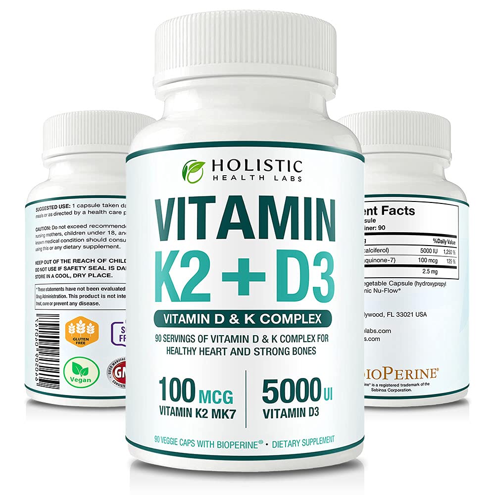 Max Absorption Vitamin K2 + D3 (5000IU) 90 Veggie Capsules från MK-7 (Menaquinone-7) och Cholecalciferol (med BioPerine) 3-månaders Supply - D3 med K2 för hälsosamt hjärta och starka ben | Non-GMO