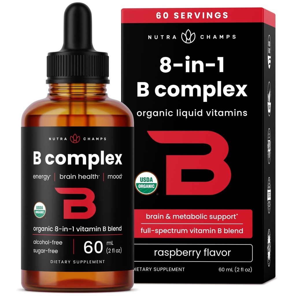 USDA Organic Vitamin B Complex Liquid Drops | B Vitamins Complex Supplement med B1, B2, B3, B6, B7, B9 & Methyl B12 Drops för vuxna och barn | Vegan Berry Flavor 2oz | 60 Supply