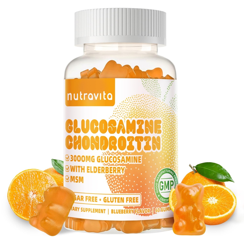 Nutravita Glukosamiini Chondroitin Gummies MSM & Elderberry Extra Strength - Joint Support, antioksidantti Immuuni tuki täydentää aikuisille, miehet & naiset.60 Orange Chews