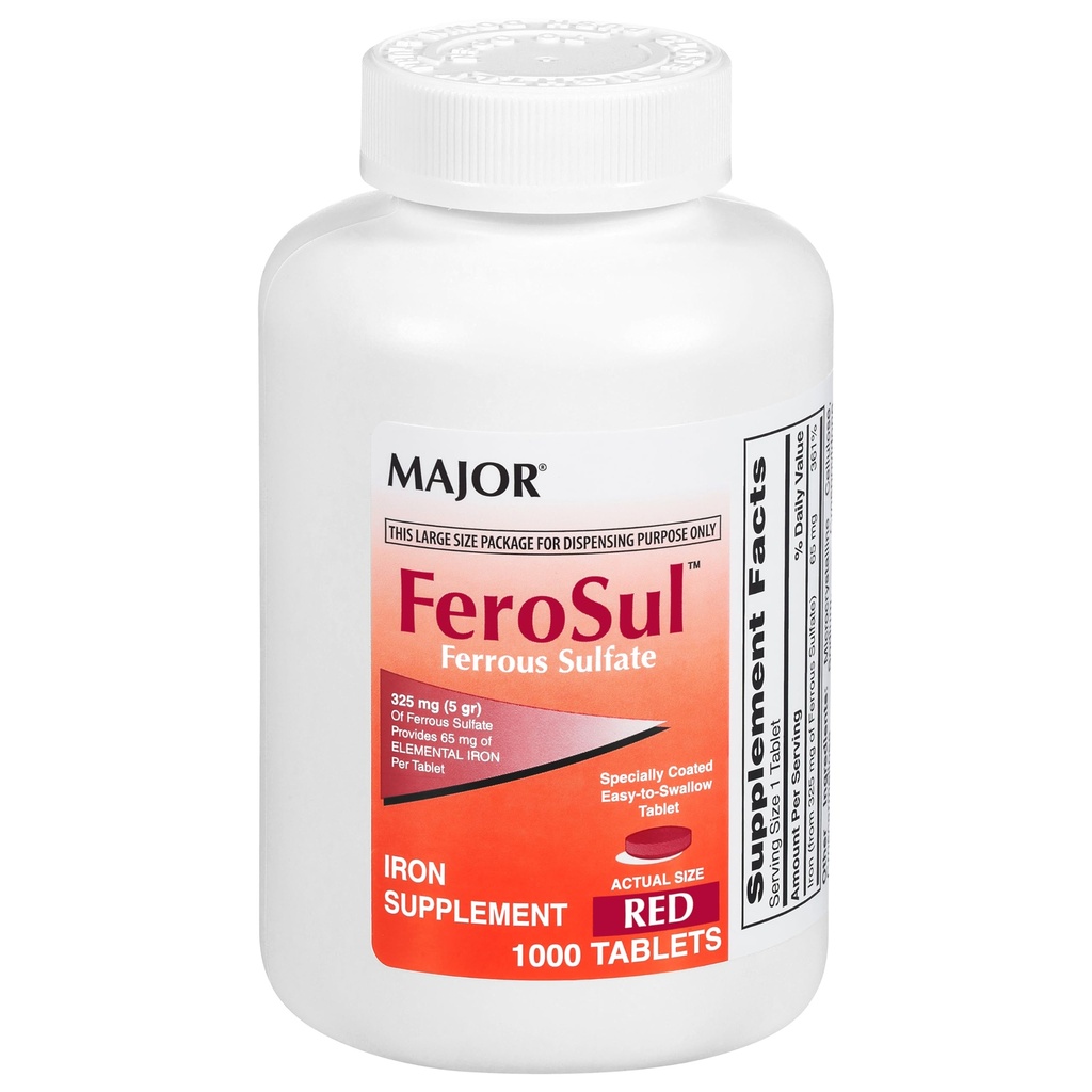 Major FeroSul - Ferrous Sulfate 325 mg tabletter - Järntillskott för kvinnor och män - särskilt belagda lätta att svälja tabletter - Röd - 1000 greve