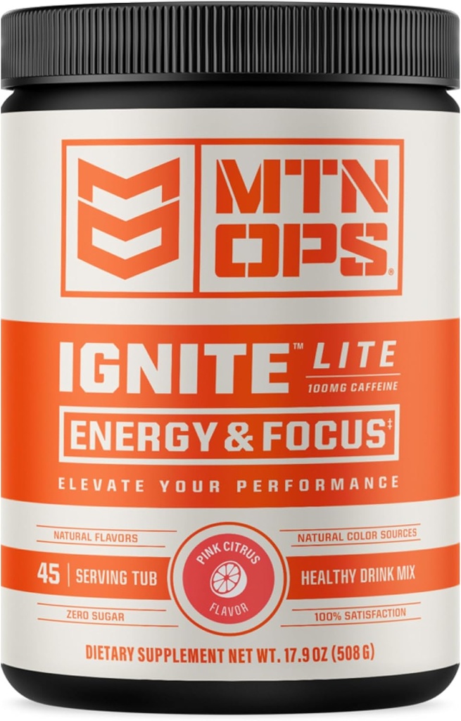 MTN OPS Ignite Lite Energy Drink Powder Gluteenittomat typpioksidilisät Drink Mix, L Arginiini, L Sitruliini, kofeiiniton ja nootrooppinen sokeriton juoma Mix, 45 tarjoilua, vaaleanpunainen sitrushedelmä