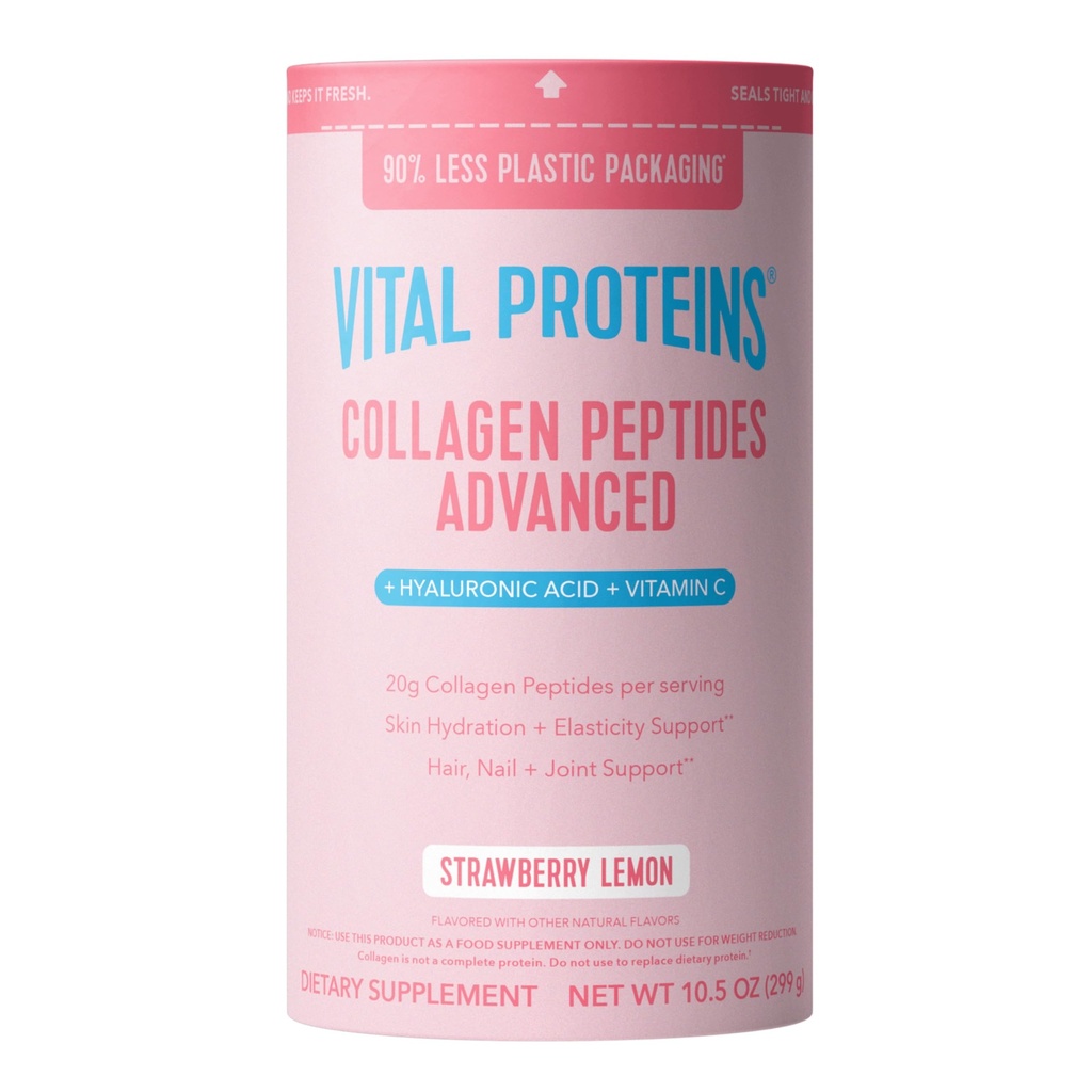 Vital Proteins Collagen Peptides Advanced, Hydrolysed Peptides with Hyaluronic Acid and Vitamiini C - Strawberry Lemon Flavor Powder, 10.5oz
