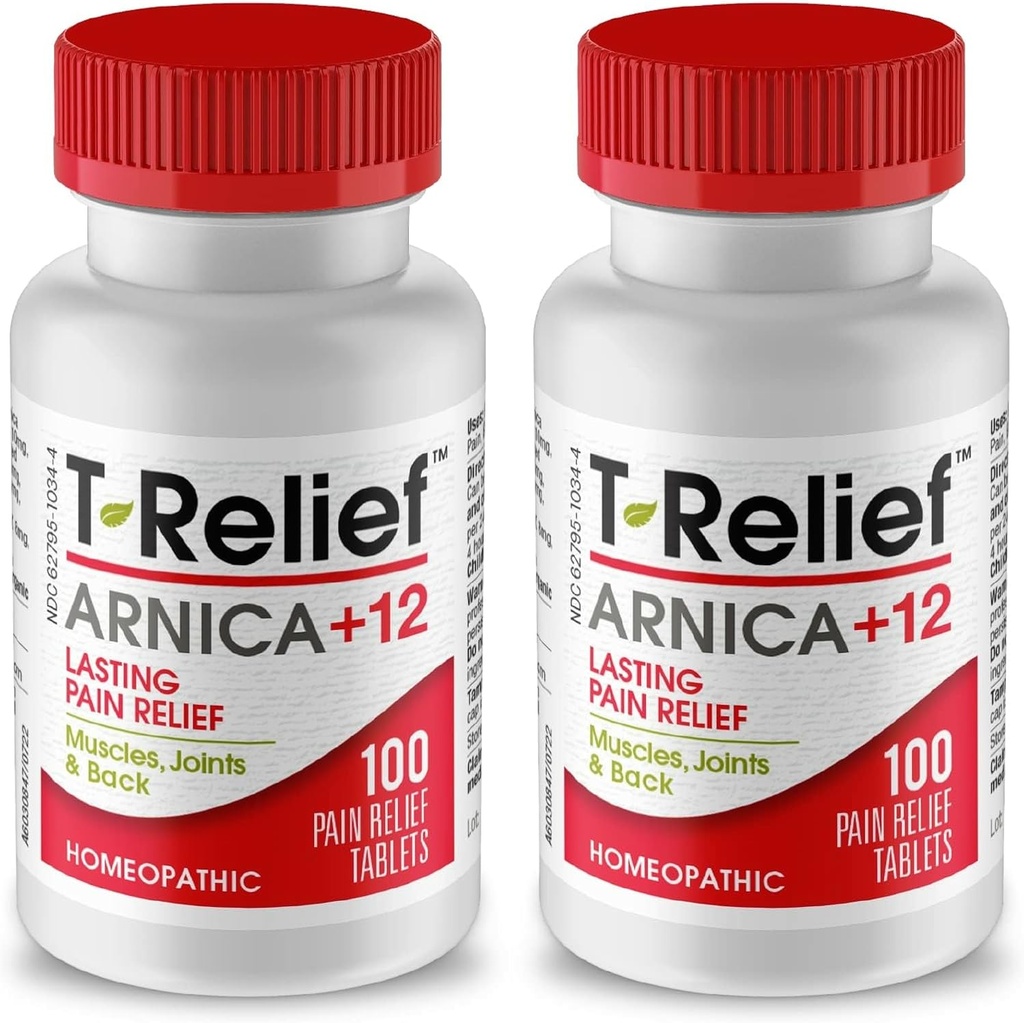 T-Relief Arnica +12 Natural Reliving Actives for Back Pain nivelen ahdistus Lihassärkyä ja jäykkäys, koko kehon nopea toiminta helpotus naisille ja miehille - 100 tablettia (2 pakkaus)