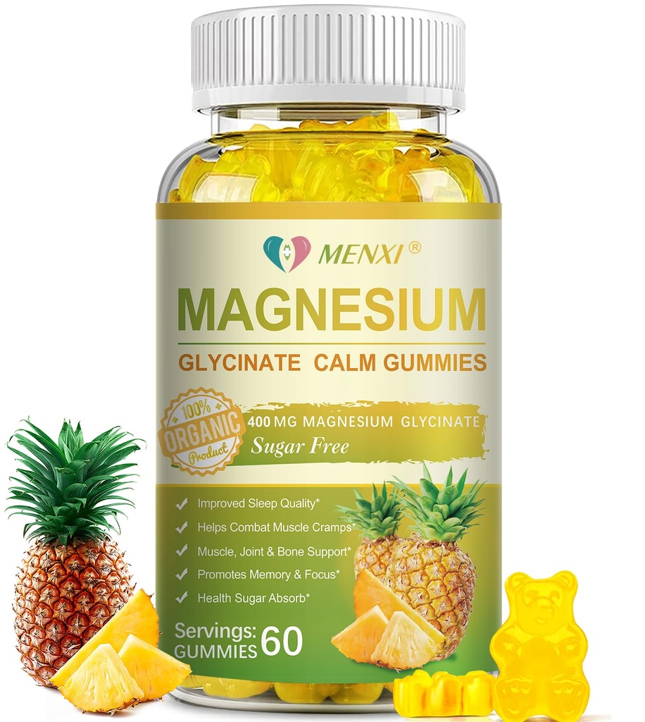 Magnesium Glycinate Gummies 400 mg, sokeriton magnesiumtaurate, malaattilisä D-vitamiinilla, B6, CoQ10 rentoutumista, stressinlievitystä, lihasten, luun ja unen tuki - 60 ananas Gummies