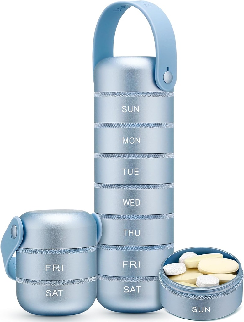 Zannaki Metal Weekly Pill Organizer, Suuri Matka pillerilaatikko 7 Päivä, Vedenpitävä Päivittäinen pilleri tapauksessa silikoni kahva, alumiiniseos kannettava pilleri säiliö vitamiini, lääke, täydentää, pillereitä