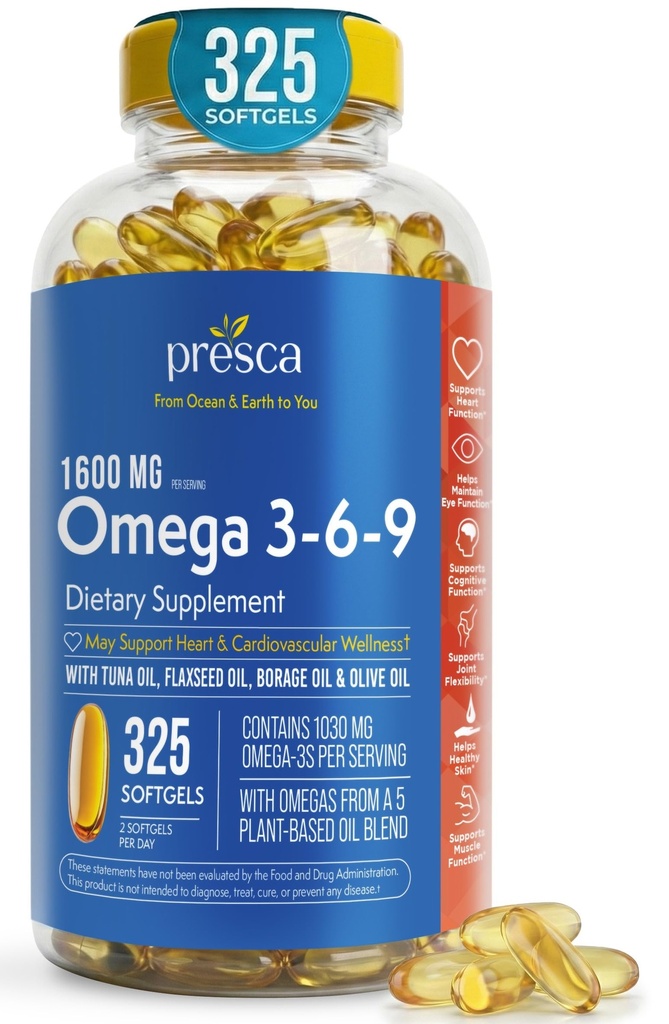 Omega 3-6-9 Ravintolisä (325 ct.) - Edistää Visual Function and Eye Health - Tuki sydän, sydän- ja verisuonitauti, terve iho, hiukset ja yleinen terveys (Omega 3-6-9)