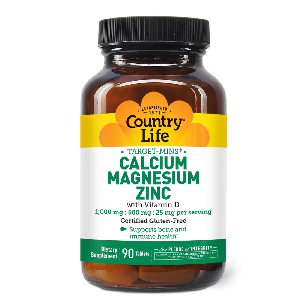 Maa Elämä Kalsium Magnesiumsinkki D3-vitamiinilla ja L-glutamiinihapolla, luun tukiravintolisä, sertifioitu gluteeniton, 1000 mg/500 mg/25 mg, 90 tablettia