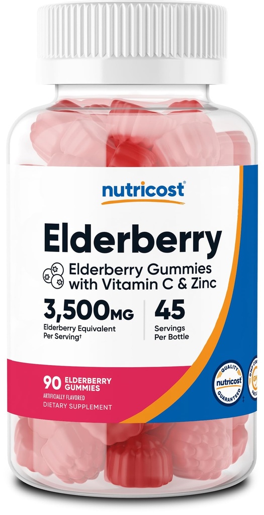 Nutricost Elderberry Gummies C-vitamiinia ja sinkkiä 90 Gummies - Gluteeniton, kasvissyöjä