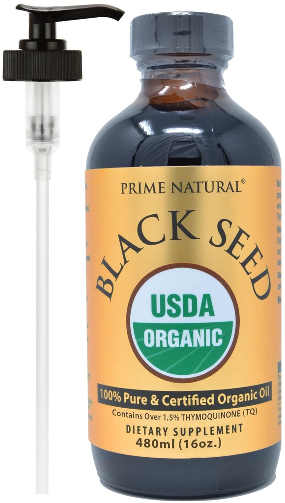 PRIME NATURAL Organic Black Seed Oil 16oz - Kylmäpuristettu jalostamaton korkea Thymokinoni 1,7% USDA Certified - Turkin alkuperä Potent Nigella Sativa Liquid - Vegaani Omega 3 6 9, Antioksidantti