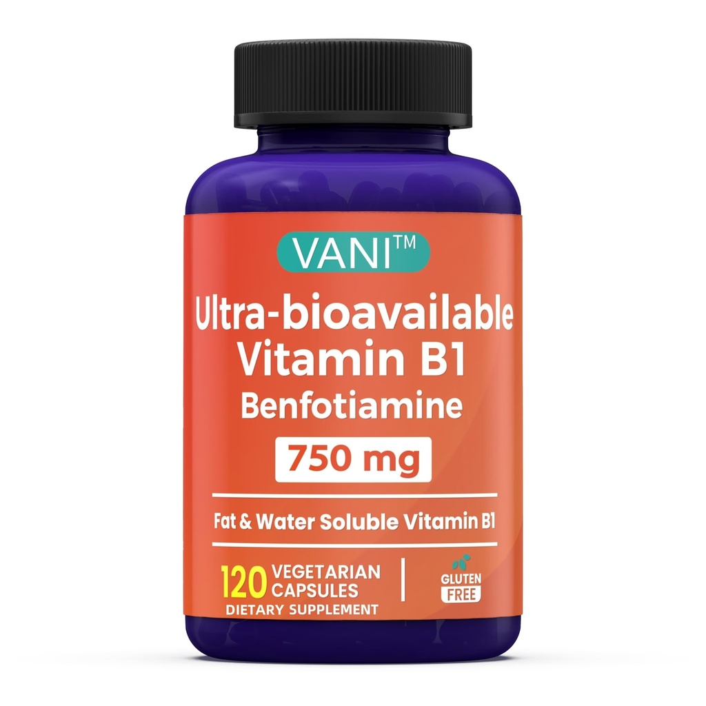 VANI 750MG Benfotiamine med B1, 5X Time Fat & Water Soluble Thiamine B1 Supplement - Tredjepartstestad, ingen gluten (120 kapslar)