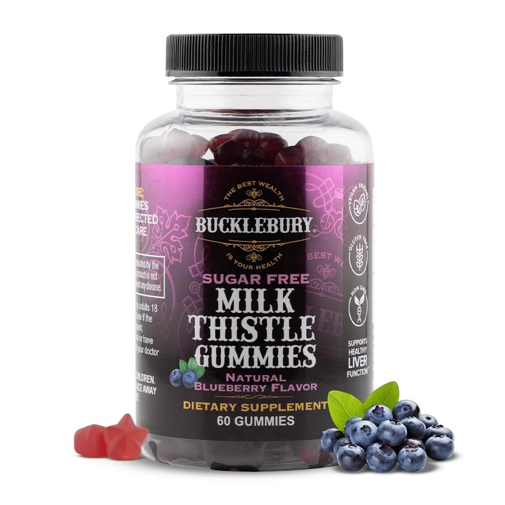 Bucklebury Sokeritonta maitoa ohdake Gummies 1000mg luonnon mustikka maku - Vegaani, gluteeniton, ei-GMO luonnollinen maito ohdake täydentää maksan terveys, immuniteetti ja antioksidantti tuki -60 Count