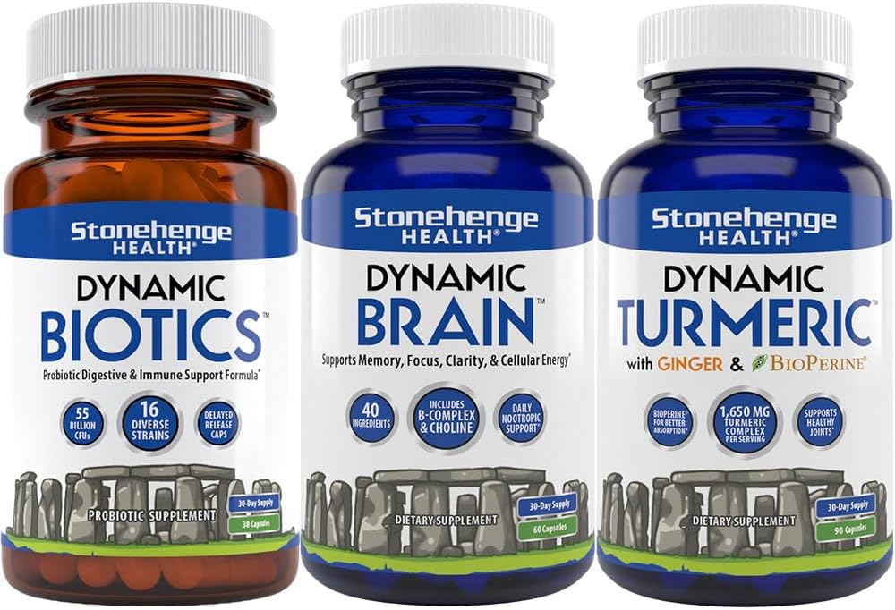 Stonehenge Health Dynamic Biotics Probiootti, Dynaaminen aivot, Dynaaminen Turmeric: Energia, nivelet, Digestio, Kognitiivinen tuki, Muisti, Focus, ja selkeys