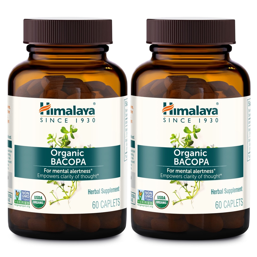 Himalaya Bacopa Monnieri Nootropic Herbal Supplement, Mental Alertness, stöder lugn, minne, kognition, USDA Organic, Non-GMO, 750 mg, 60 Plant-Based Caplets, 2 Pack, 120 Day Supply