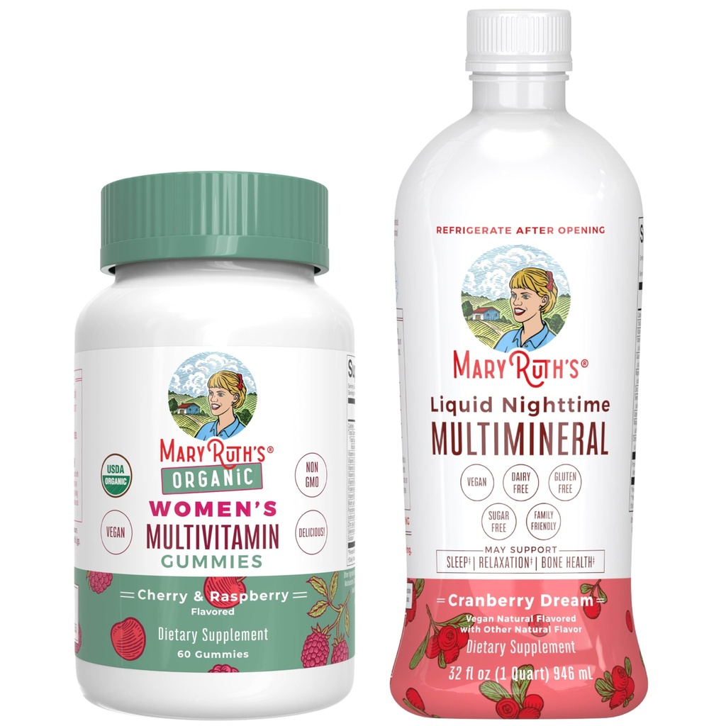 MaryRuthin monivitamiiniasetukset naisille (Cherry & Raspberry) & Liquid Nighttime Multimineral (Cranberry) 