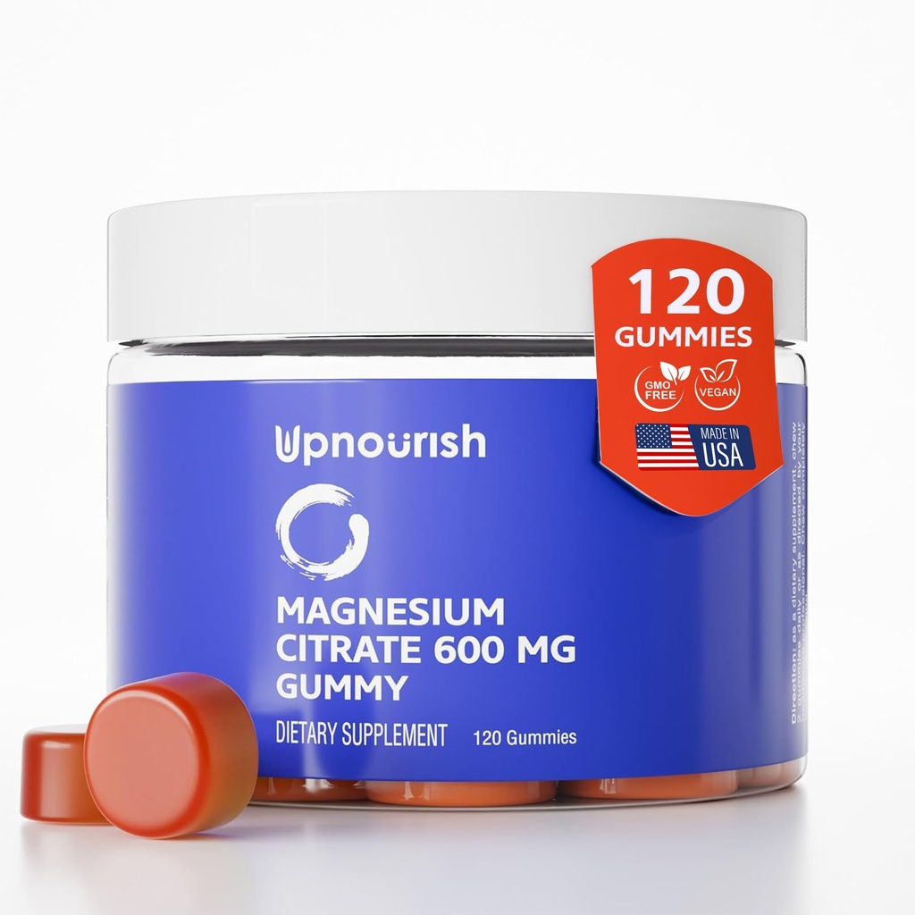 UpNourish Magnesium Gummies för vuxna och barn Magnesium Citrate Gummies 600mg, Calm Supplement för muskelavkoppling, ben och matsmältningshälsa, Citrato de Magnesio, Vegan, icke-GMO, 120 greve