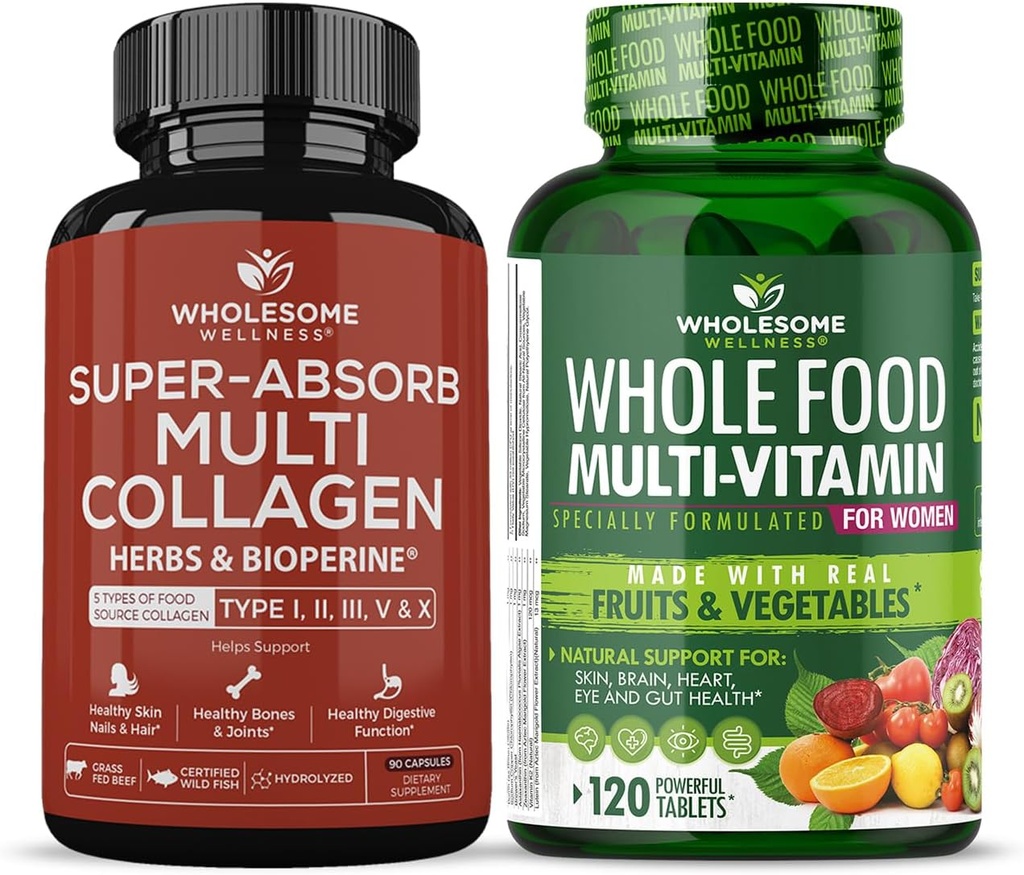 Terveellinen hyvinvointi Super-Absorb Multi Collagen Pillerit (tyyppi II III V X) Organic Yrtit ja Bioperine + Koko ruoka Multivitamiini naisille - Luonnollinen monivitamiinit, mineraalit, orgaaniset uutteet Bundle