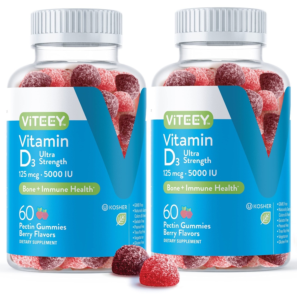 Viteey-vitamiini D3 Gummies for Aikuinen & Teini - 5 000 IU, 125 mcg, Ultra Strength - Joint & Lihasterveys, Immuuni Boost - Pureskeltava D-vitamiini Gummies - Kasvisruoka, Liivate - Tasty Berry Flavored