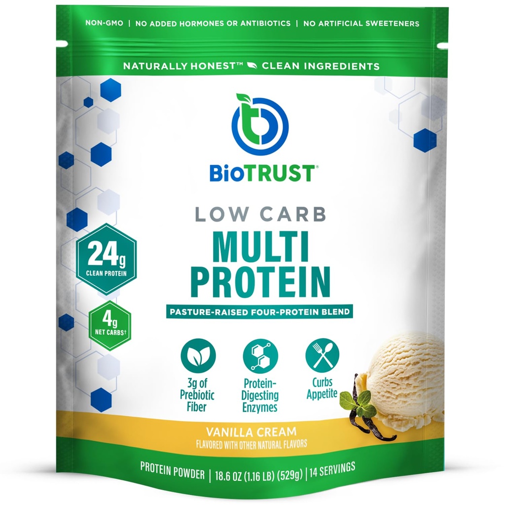 BioTrust Low Carb Protein Powder - Naturlig och utsökt Whey & Casein Blend från Grass-Fed Hormone Free Cows - Non GMO, Soy Free, Gluten Free, Hormone Free (Vanilla)