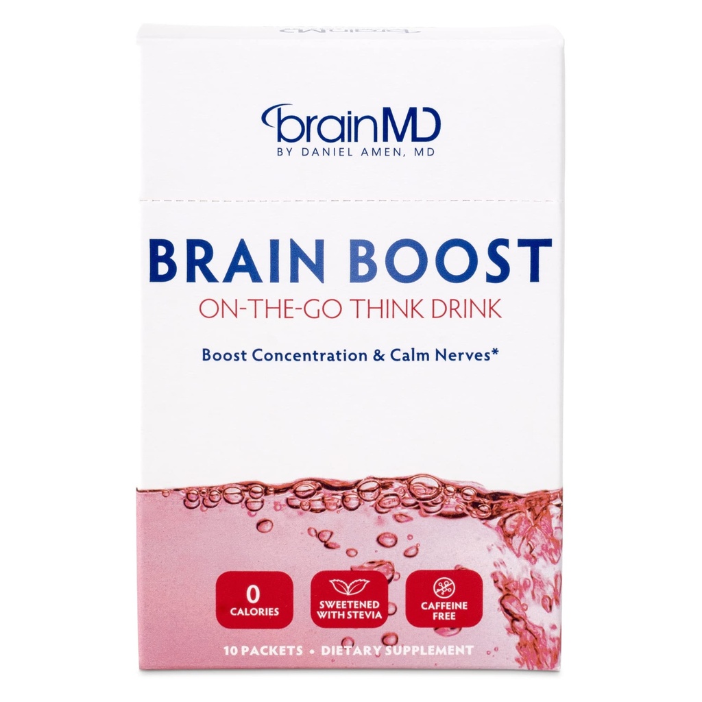 BRAINMD Dr Amen Brain Boost On The Go - 10 Packets, Berry Flavor - Nootropic Drink Powder, Promotes Focus, Clarity & Mental Energy - Kofeiiniton, Gluteeniton - 10 tarjoilua