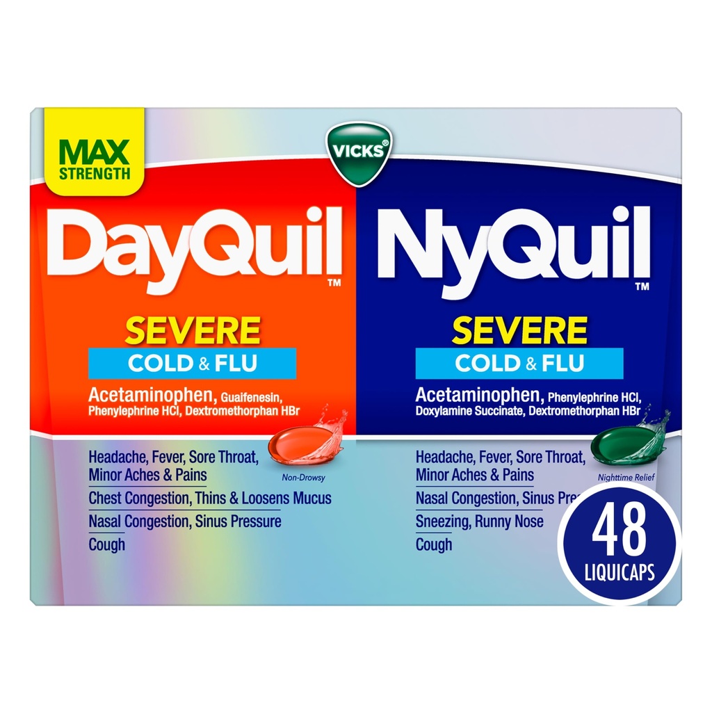VICKS DayQuil & NyQuil SEVERE Co-Pack, Cold & Flu Medicine, kraftfull lättnad för huvudvärk, feber, ont hals, mindre värk och smärta, trängsel, Sinus Pressure, Stuffy Nose och hosta, 48 LiquiCaps