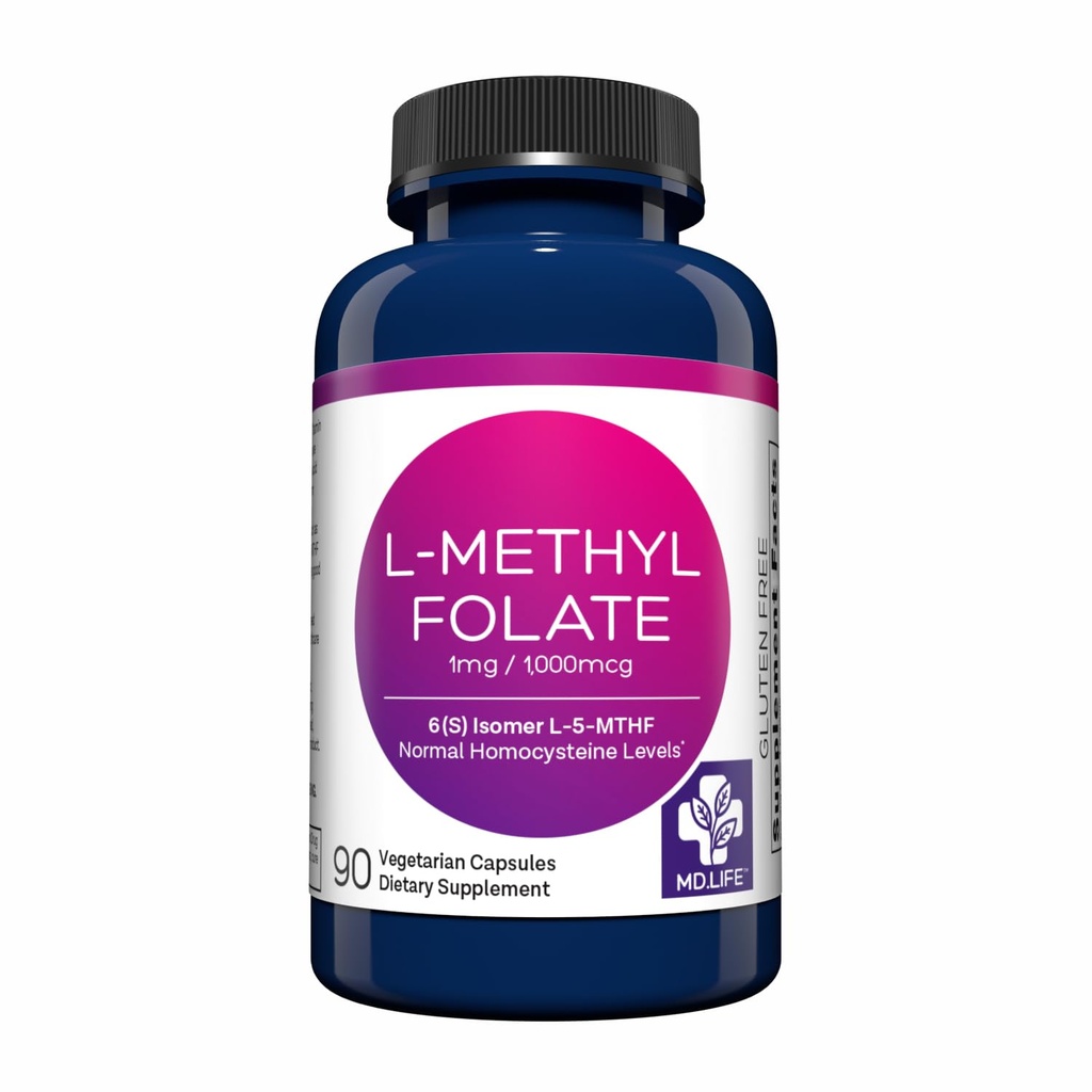 MD Life L-Methylfolate 1 mg Supplement - Professional-Grade Active L Methylfolate Supplement - 90 kapslar - L-Methylfolate 1mg - Maximal Potens MTHFR W / Essential Amino Acids
