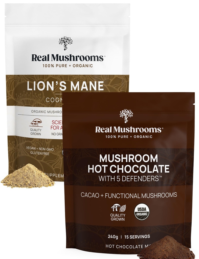 Real Mushrooms Hot Chocolate Mix (15 portioner) och Lion's Mane (60 portioner) Powder Bundle - Mushroom Powder Supplement för Daily Immunity & Cognition Support - Gluten-Free, Non-GMO, Vegan
