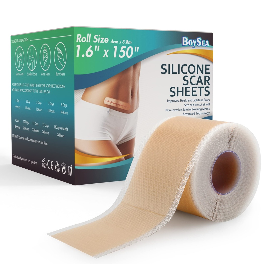 Professional Silicone Scar Sheet (1.6" x 150" Scar Roll-3.8M) - Arpien poisto hoito - Uudelleen käytettävä Silicone Scar nauhat Tyyppi Keloid, C-jakso, Leikkaus, Palaa, Akne et