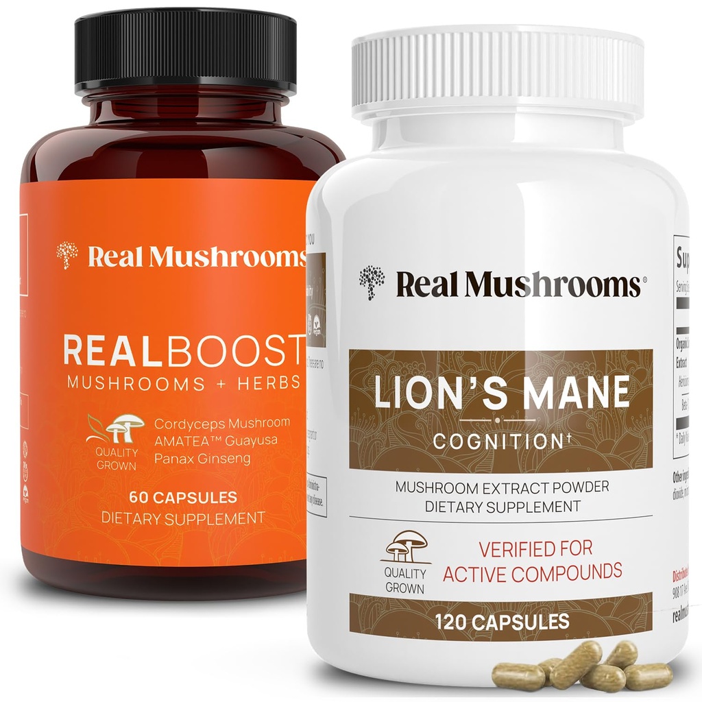 Real Mushrooms RealBoost (60ct) och Lions Mane (120ct) Capsules Bundle - Mushroom Supplement för energi, Vitality & Cognition - Energy & Brain Vitamins w/Cordyceps, Ginseng, Guayusa - Vegan, icke-GMO