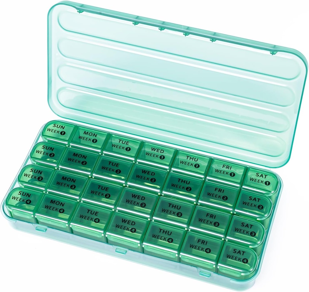 28 Dag Månatliga Pill Organizer - 4 Veckans Pill Box 1 Dag, 7 Dag Medicin Organizer Box, Travel Pill Container för vitamin, fiskolja (Olive Green)