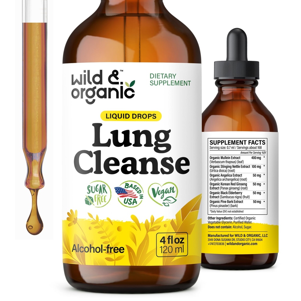 Wild & Organic Lung Cleanse Detox Tincture - Mullein Drops for Lungs - Herbal Mullein Extract Supplement - Vegan, alkoholfria droppar - 4 fl oz