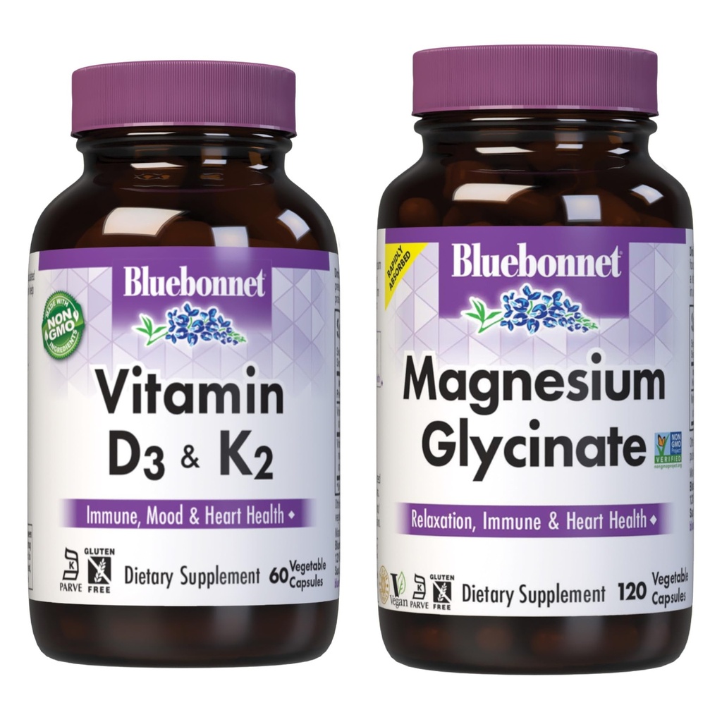 BlueBonnet Nutrition Vitamin D3 och K2 och Magnesium Glycinate Vegetable Capsules Bundle
