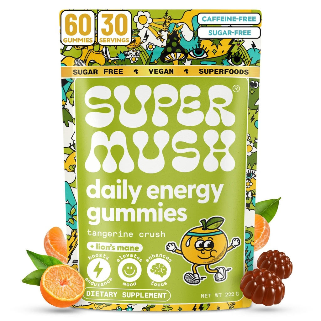 Energy Mushroom Gummies - Organic Lions Mane Supplement Cordyceps, Rhodiola, L-Theanine, Maca - Vegan & Sugar-free - Energia, Focus, kestävyys, stressin vähentäminen - 60 Gummies (30 tarjoilua)