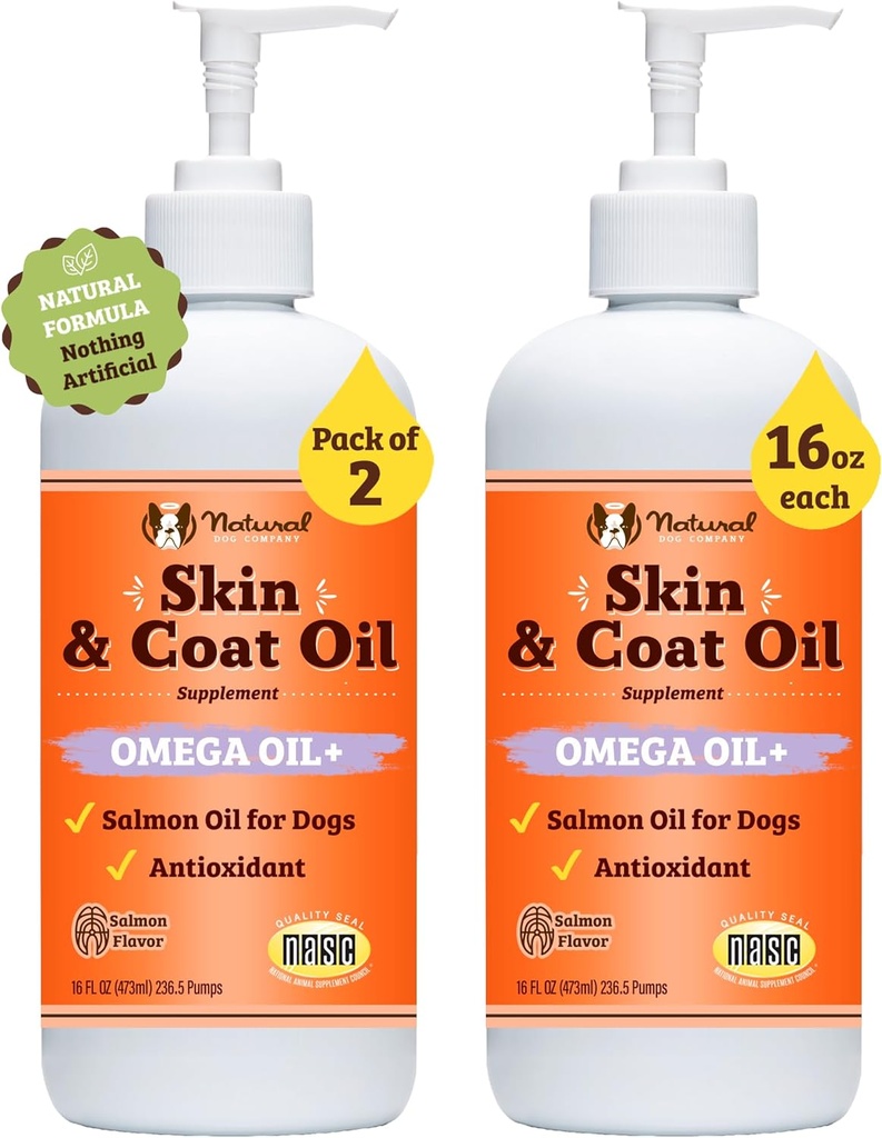 Natural Dog Company 2 Pack - 16 oz. Iho- ja turkkiöljy, tukee ihon terveyttä, kalaöljy täydentää koirille, rasvahapot, antioksidantti, Multi koira perheille, suuri rotu koirat, 32 oz. Arvo